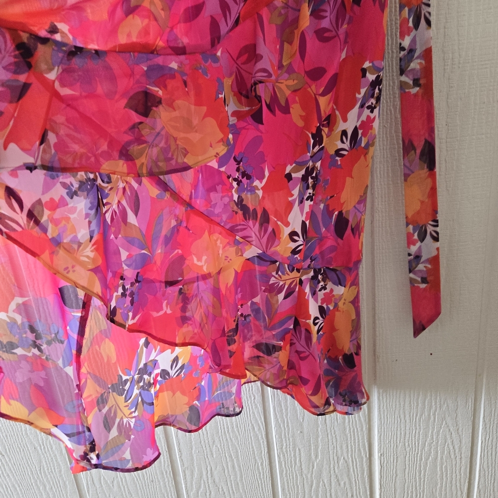 JULIA JORDAN Fushia Floral Halter V Neck Surplice Faux Wrap Sleeveless Belted 12 - Picture 5 of 10